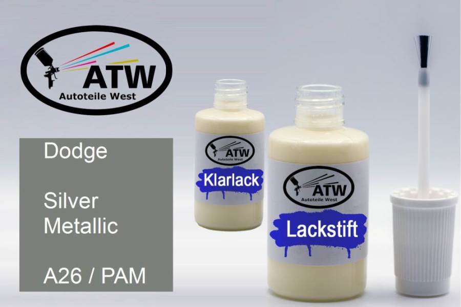 Dodge, Silver Metallic, A26 / PAM: 20ml Lackstift + 20ml Klarlack - Set, von ATW Autoteile West.